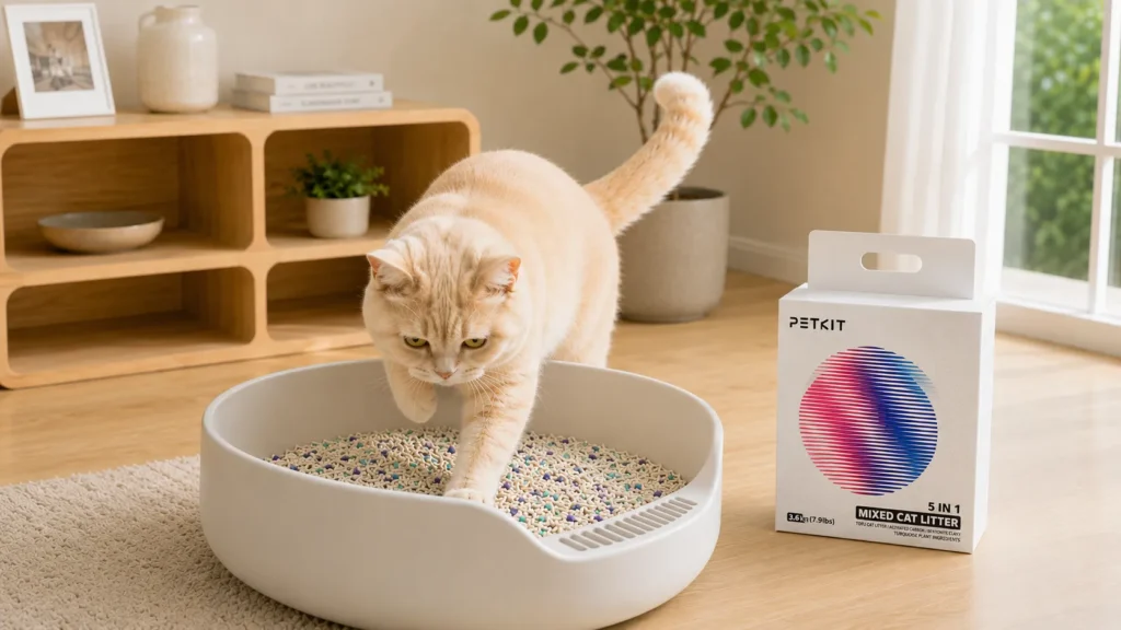 Gato utilizando arena de tofu y bentonita PETKIT en arenero moderno dentro de un hogar luminoso en lima peru