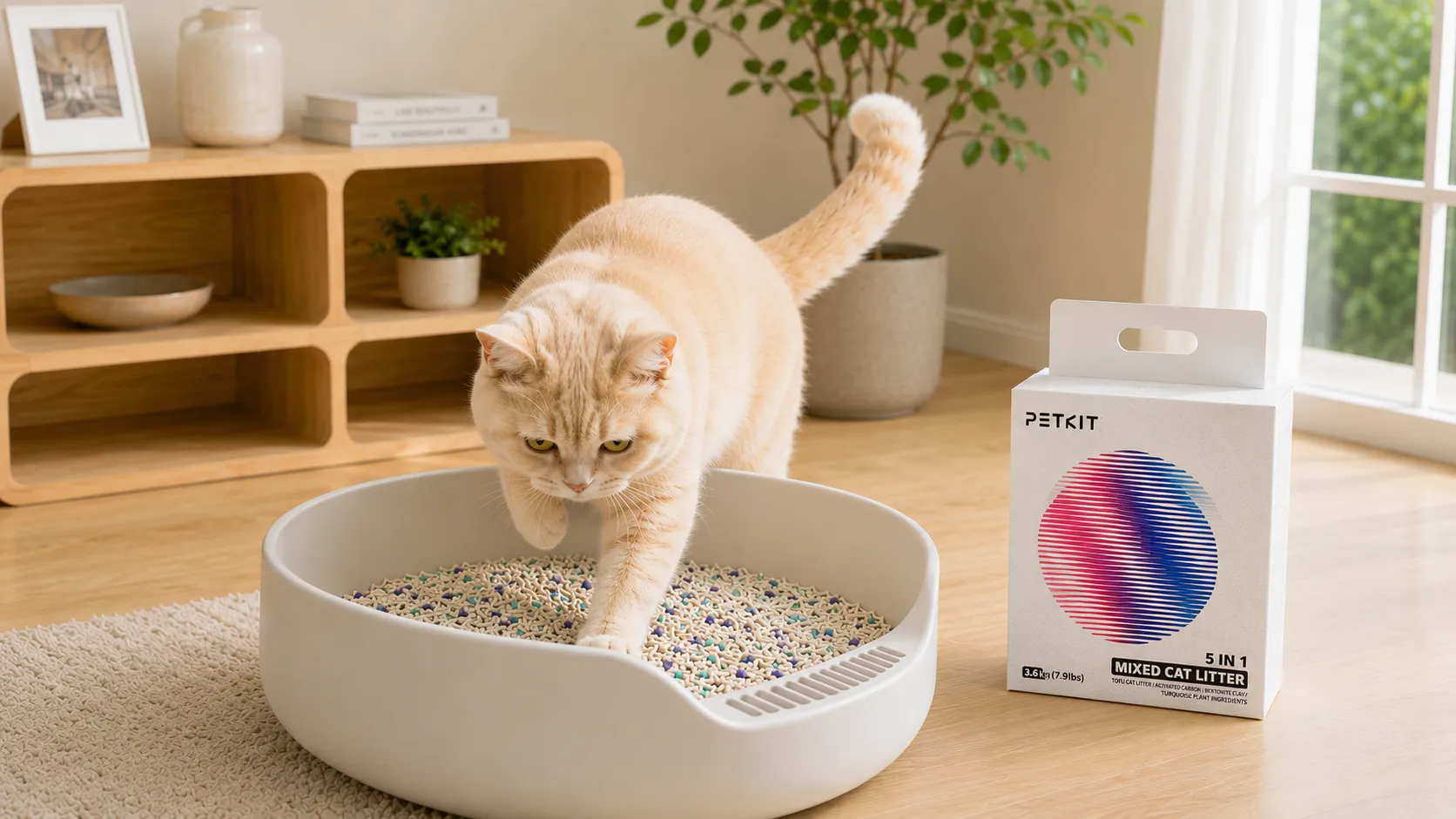 Gato utilizando arena de tofu y bentonita PETKIT en arenero moderno dentro de un hogar luminoso