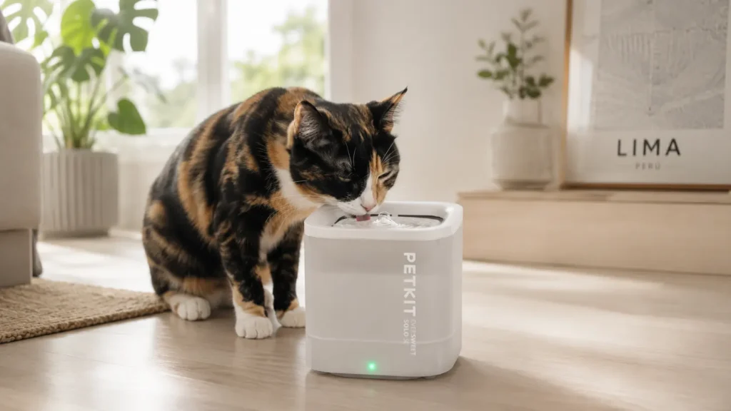 gato carey tricolor en bebedero para gatos fuente de agua para gatos petkit eversweet solo en lima peru
