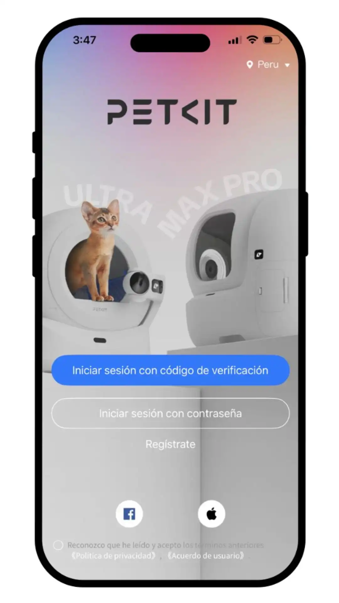 Pantalla para crear una cuenta o iniciar sesión en la aplicación PETKIT