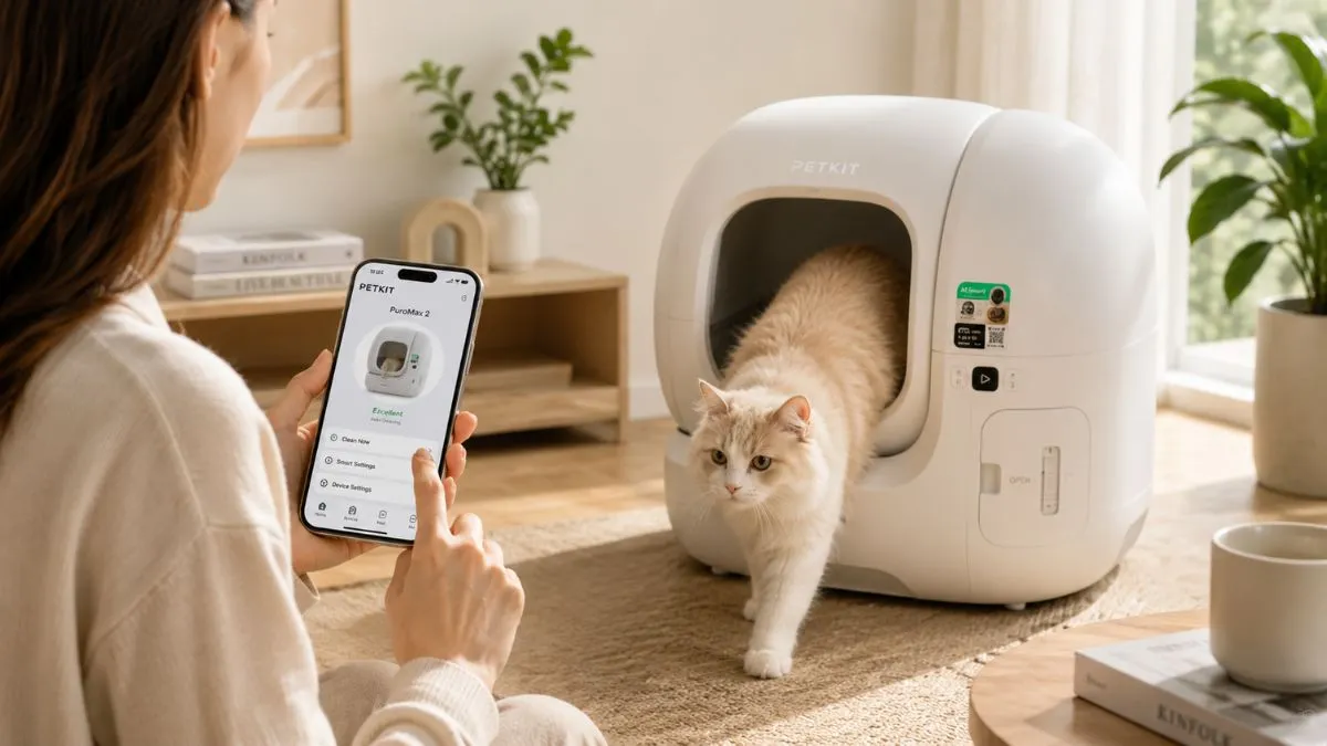 Persona configurando la app PETKIT junto a un arenero inteligente PETKIT